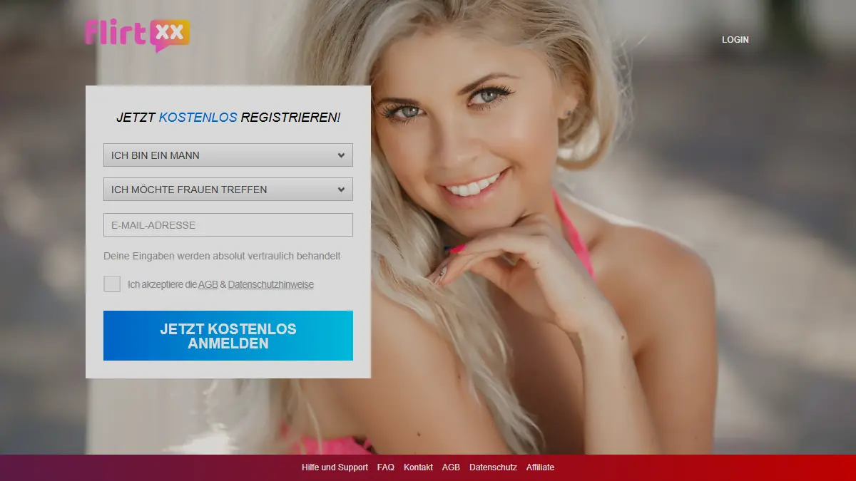 Flirtxx Startseite mit deutschsprachigem Registrierungsformular